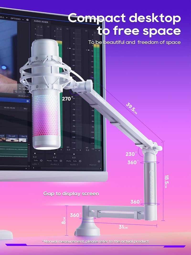 CACENCAN ذراع ميكروفون منخفضة الارتفاع، ذراع ميكروفون دوار 360° لميكروفونات Fifine AM8 K669B Blue Yeti HyperX shure sm7b SoloCast AT2020، مع مشبك ميكروفون 3/8" إلى 5/8"، أبيض - Image 2